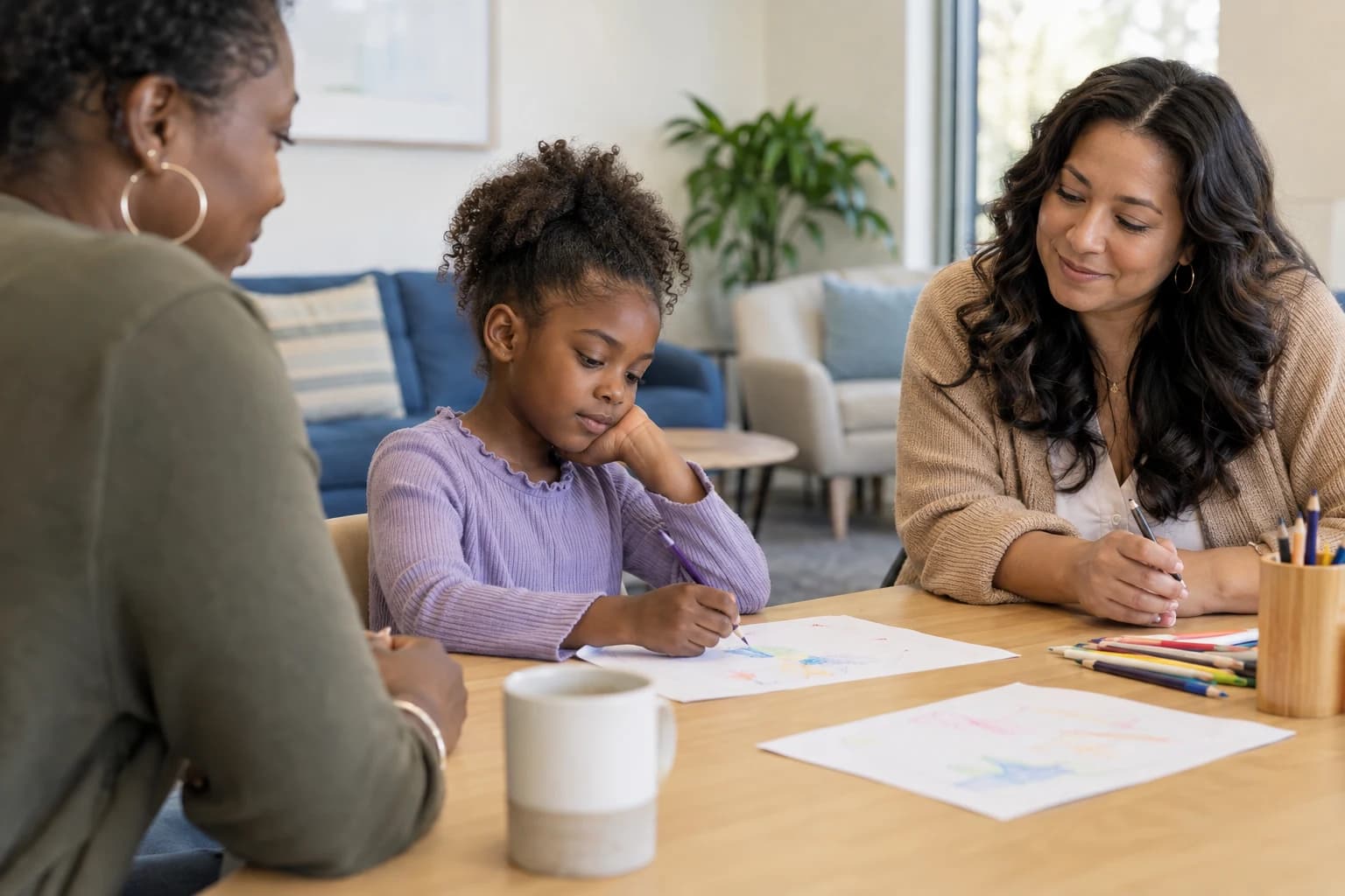 Illustrative child with a parent and counselor