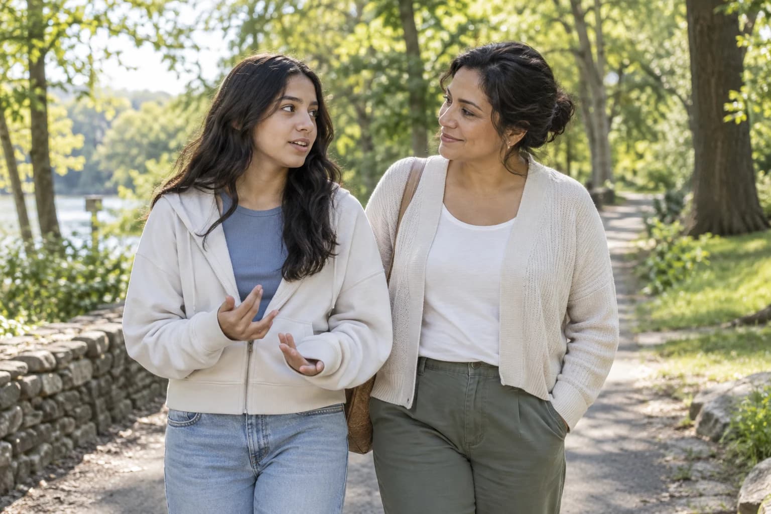 Illustrative parent and teenager enjoying a quiet walk