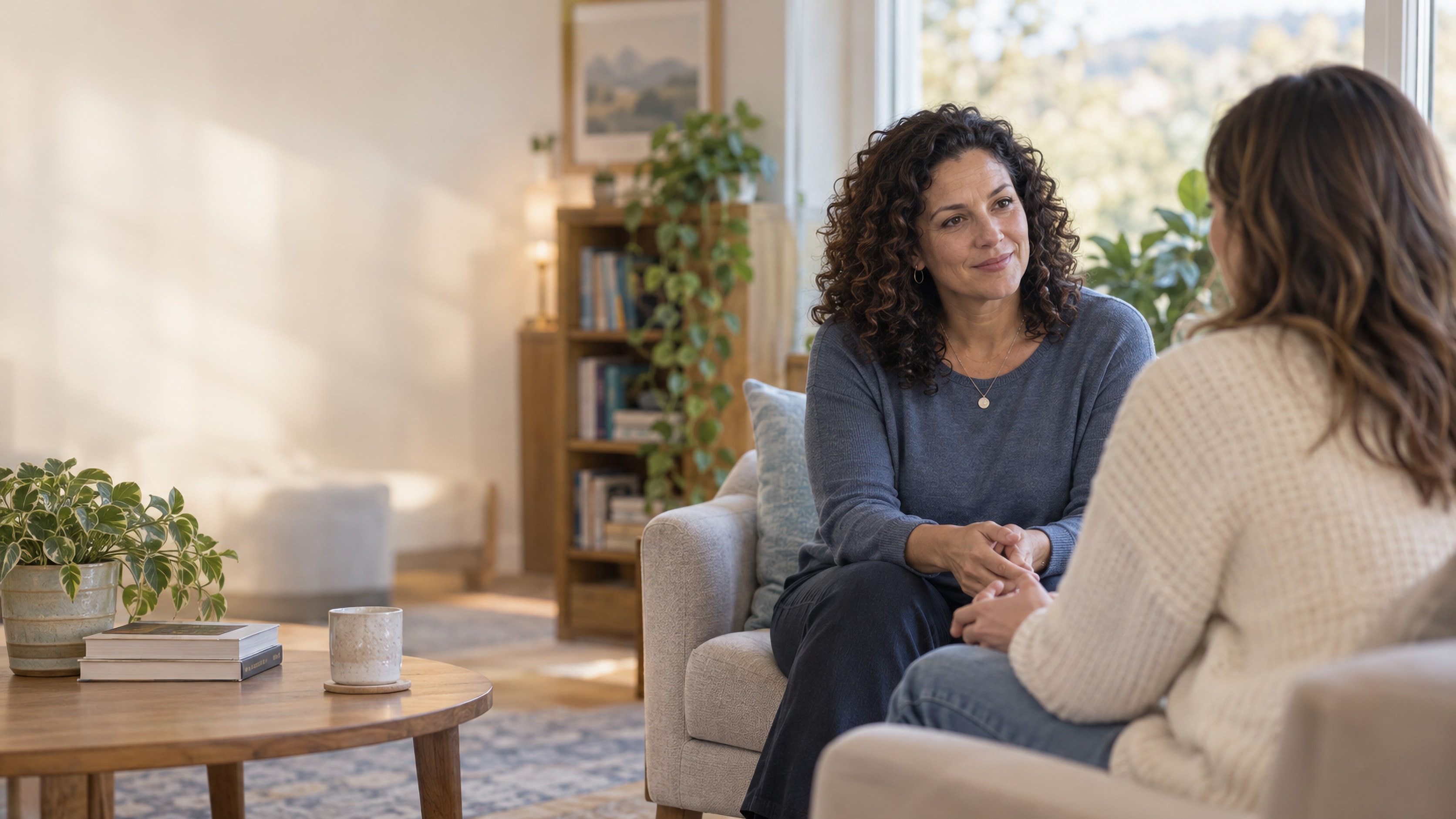Illustrative counselor listening to a young adult in a calm room