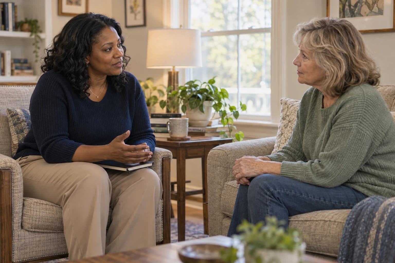 Illustrative therapist meeting with an adult in a comfortable home
