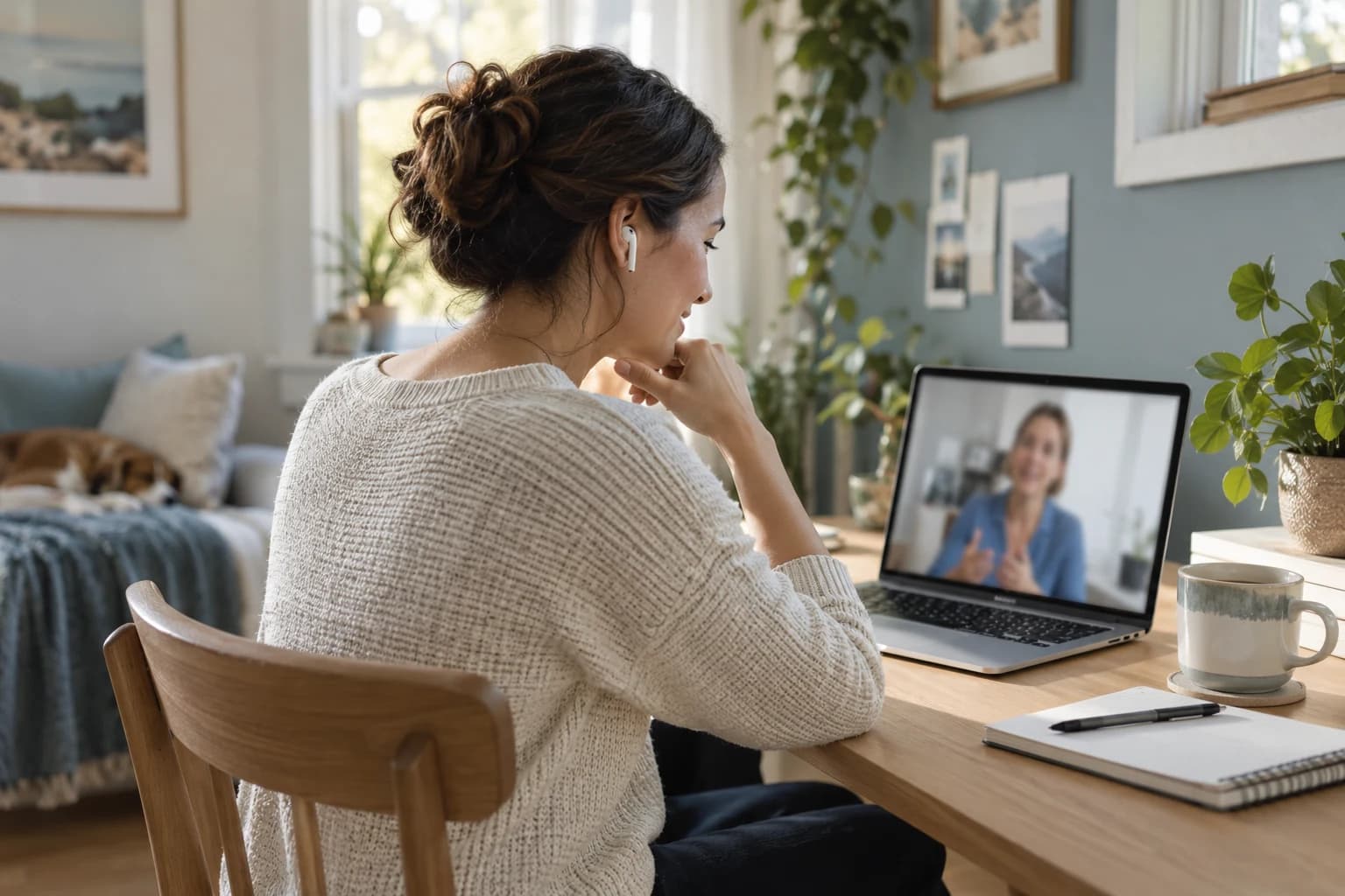 Illustrative adult having a video appointment at home
